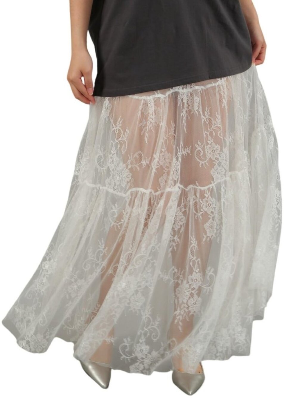 Women's Sexy Sheer Lace Skirt High Waisted Floral Embroidered Ruffled A Line